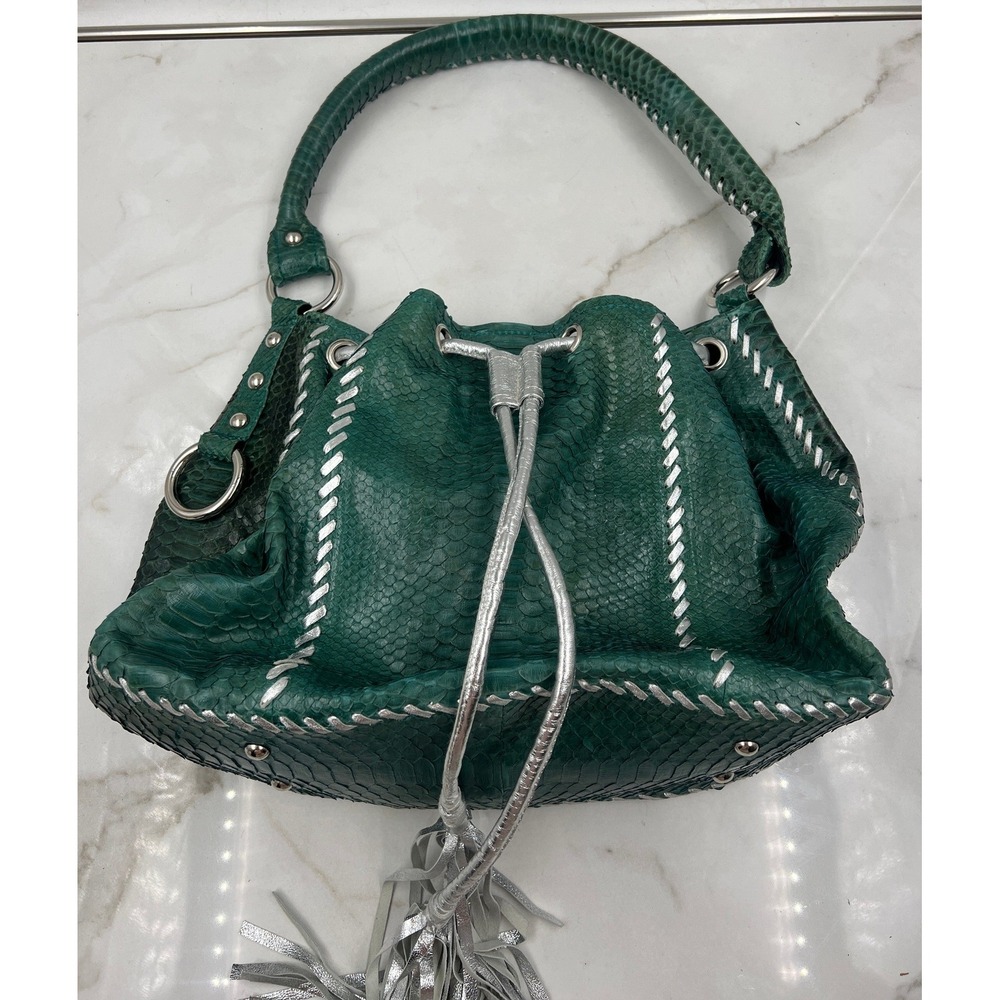 Green Python Snakeskin Hobo Bag Silver Whipstitch Drawstring Tassel Handbag